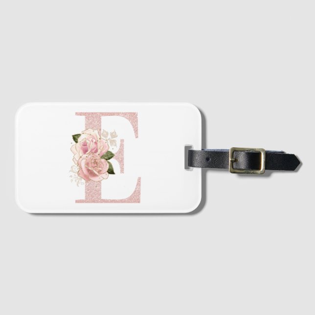 Girl Pale Rose Gold Glitzer Floral Monogram E Gepäckanhänger (Vorderseite (Horizontal))