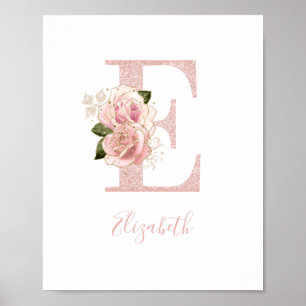 Girl Pale Rose Gold Glitzer Floral Monogram E Poster