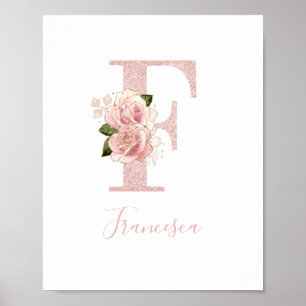 Girl Pale Rose Gold Glitzer Floral Monogram F Poster