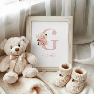 Girl Pale Rose Gold Glitzer Floral Monogram G Poster