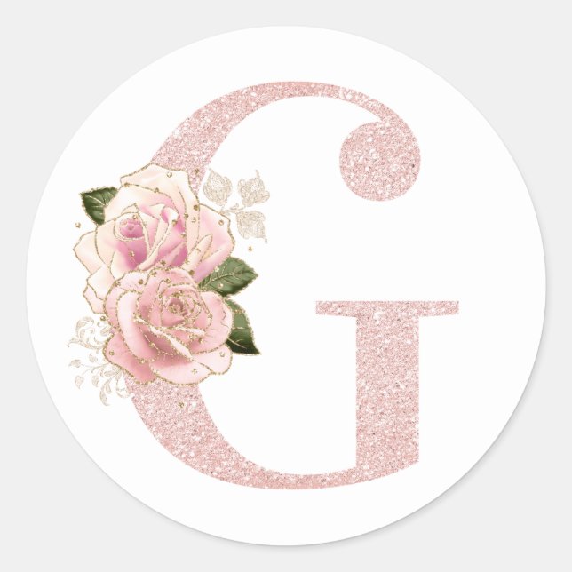 Girl Pale Rose Gold Glitzer Floral Monogram G Runder Aufkleber (Vorderseite)