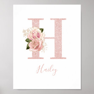 Girl Pale Rose Gold Glitzer Floral Monogram H Poster