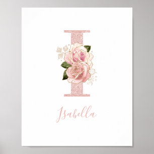 Girl Pale Rose Gold Glitzer Floral Monogram I Poster
