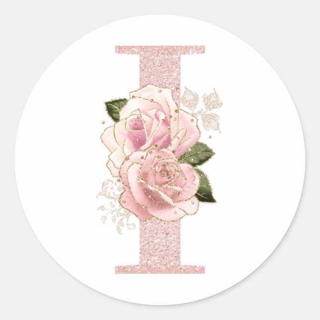 Girl Pale Rose Gold Glitzer Floral Monogram I Runder Aufkleber (Vorderseite)
