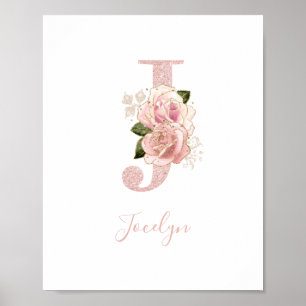 Girl Pale Rose Gold Glitzer Floral Monogram J Poster