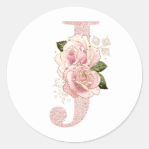 Girl Pale Rose Gold Glitzer Floral Monogram J Runder Aufkleber