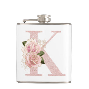 Girl Pale Rose Gold Glitzer Floral Monogram K Flachmann