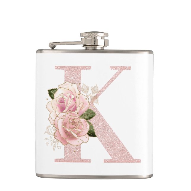 Girl Pale Rose Gold Glitzer Floral Monogram K Flachmann (Vorderseite)