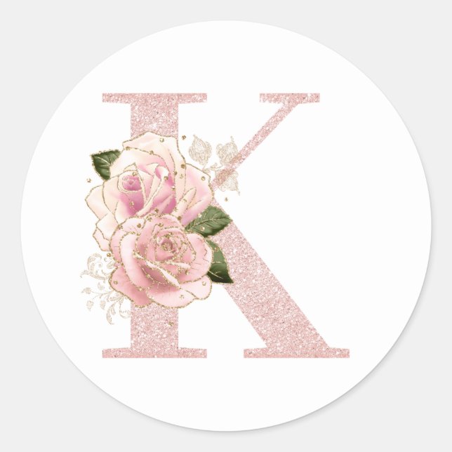 Girl Pale Rose Gold Glitzer Floral Monogram K Runder Aufkleber (Vorderseite)