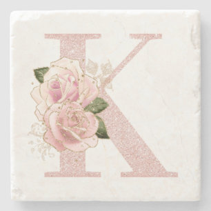 Girl Pale Rose Gold Glitzer Floral Monogram K Steinuntersetzer