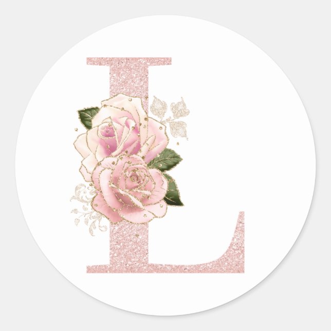 Girl Pale Rose Gold Glitzer Floral Monogram L Runder Aufkleber (Vorderseite)