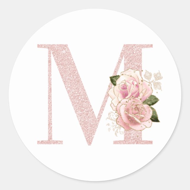 Girl Pale Rose Gold Glitzer Floral Monogram M Runder Aufkleber (Vorderseite)