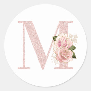 Girl Pale Rose Gold Glitzer Floral Monogram M Runder Aufkleber