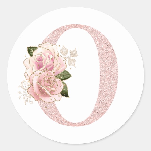 Girl Pale Rose Gold Glitzer Floral Monogram O Runder Aufkleber (Vorderseite)
