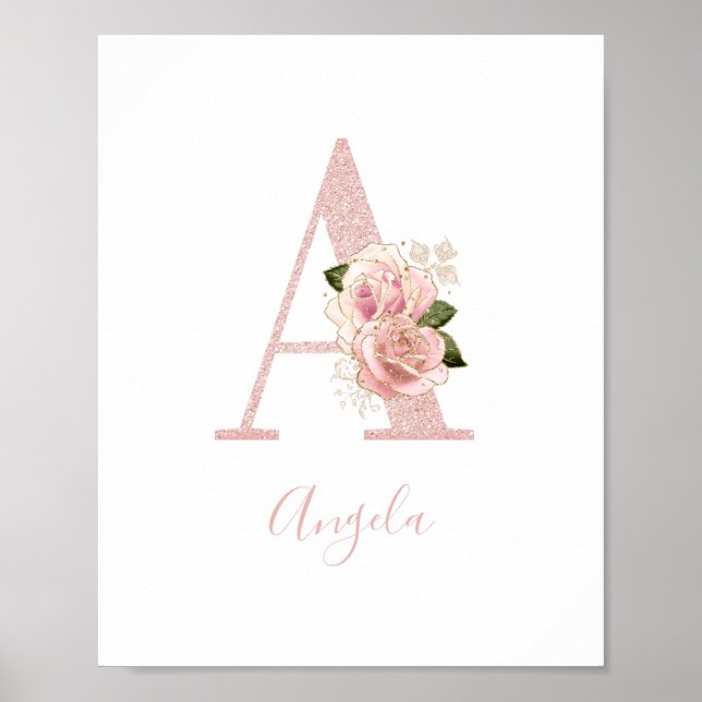 Girl Pale Rose Gold Glitzer Floral Monogramm A Poster (Vorne)
