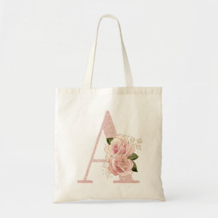 Girl Pale Rose Gold Glitzer Floral Monogramm A Tragetasche