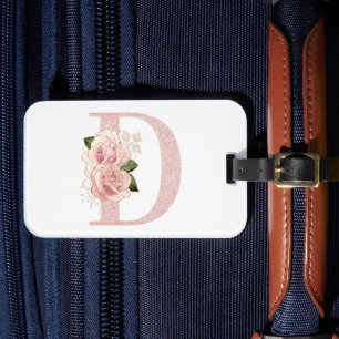 Girl Pale Rose Gold Glitzer Floral Monogramm D Gepäckanhänger