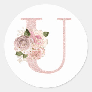 Girl Pale Rose Gold Glitzer Floral U Monogramm Runder Aufkleber