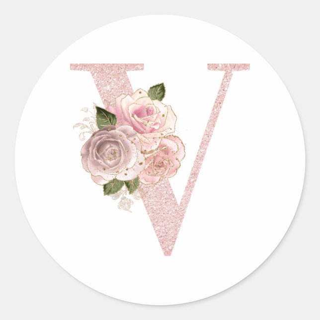 Girl Pale Rose Gold Glitzer Floral V Monogramm Runder Aufkleber (Vorderseite)