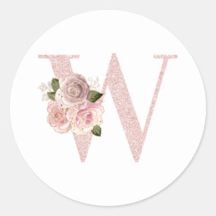 Girl Pale Rose Gold Glitzer Floral W Monogram Runder Aufkleber
