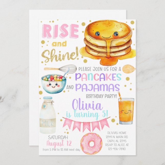 Girl pancakes and pajama birthday party invite. einladung (Vorne/Hinten)