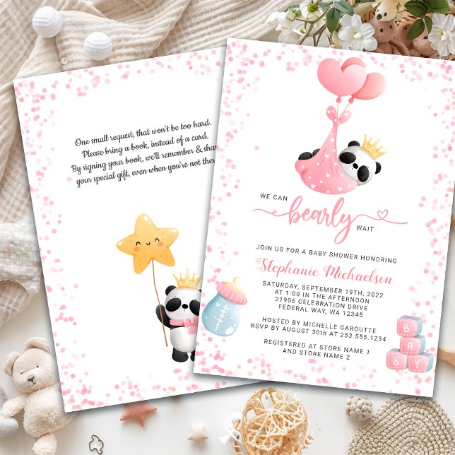 Girl Panda Bearly Wait Baby Shooting Book Request Einladung (Girl Panda Bearly Wait Baby Shower Book Request Invitation)