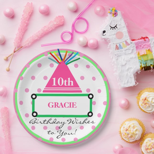 Girl Party Hat Green Pink Polka Dots Name Pappteller (Party)