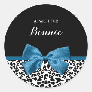 Girl Party Name Leopard Print Hübsch Blue Bow Runder Aufkleber