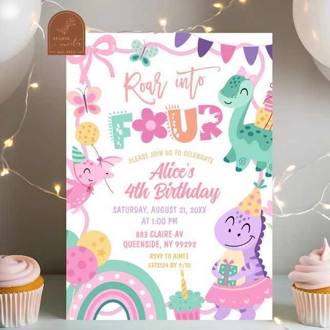 Girl Pastel Dinosaur 4th Birthday invitation Einladung (Von Creator hochgeladen)