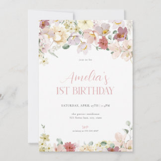 Girl Pastel Floral 1. Geburtstag Einladung