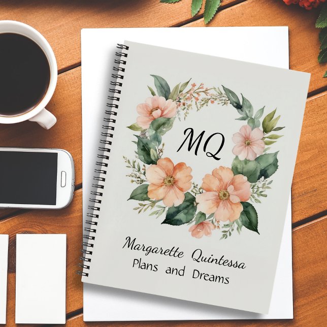 Girl Peach Fuzz Floral Watercolor Black Monogram Notizbuch (Von Creator hochgeladen)