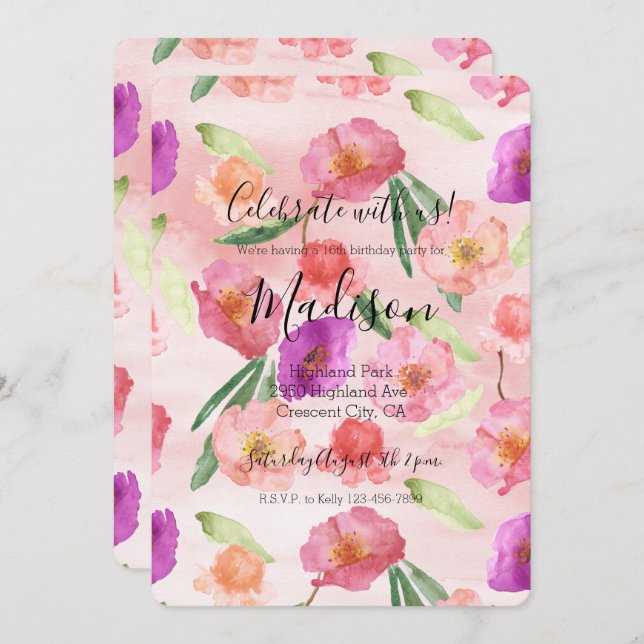 Girl Peach Pink Lila Floral Wasserfarbe Einladung (Vorne/Hinten)