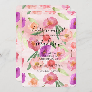 Girl Peach Pink Lila Floral Wasserfarbe Einladung
