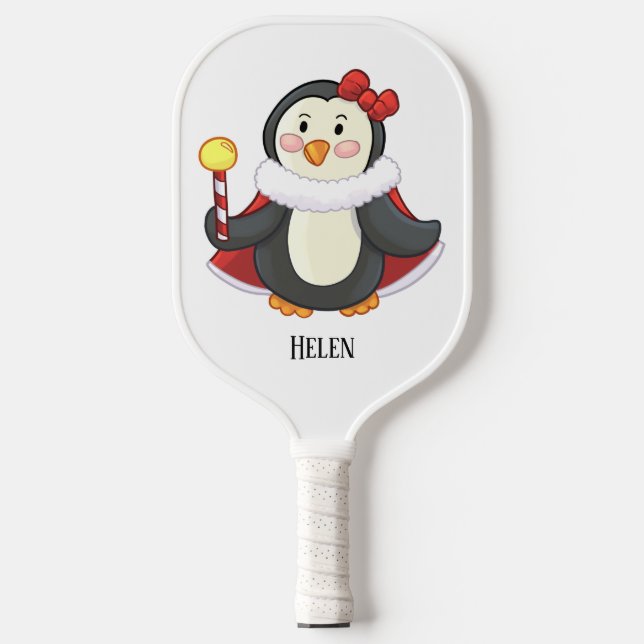 Girl Penguin Red Bow Red Cape Art Name Pickleball Schläger (Vorderseite)