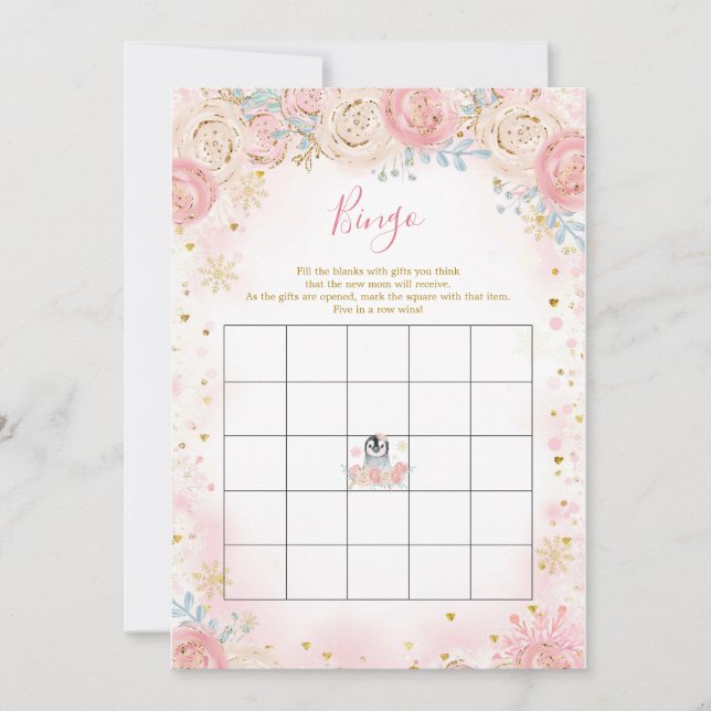 Girl Penguin Winter Snowflake Bingo Game Einladung (Vorderseite)