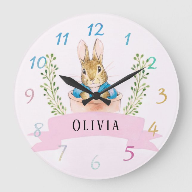 Girl Peter Rabbit Pink Custom Große Wanduhr (Vorderseite)