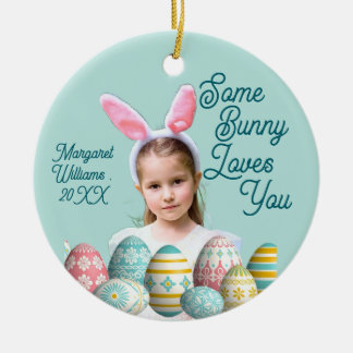 Girl Photo Bunny Ears Cute Blue  Keramik Ornament