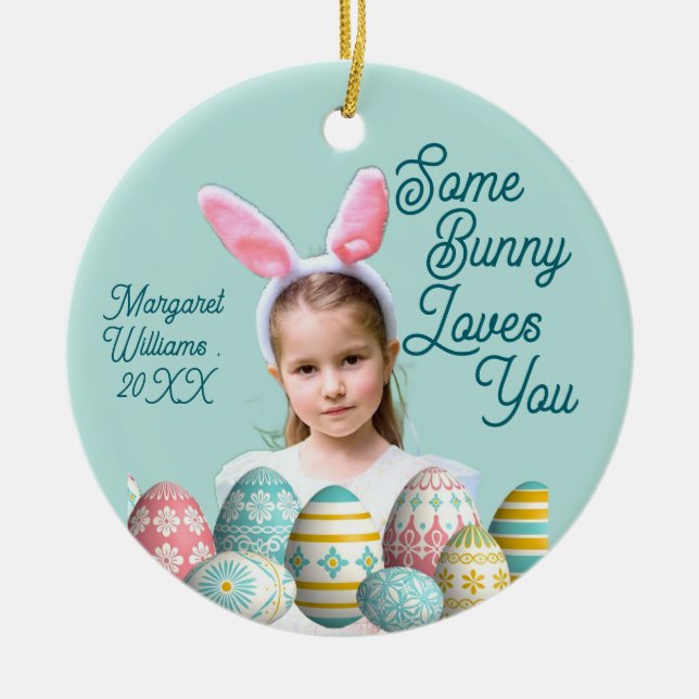 Girl Photo Bunny Ears Cute Blue  Keramik Ornament (Vorne)