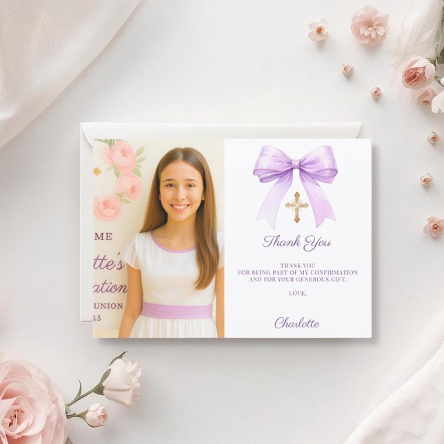Girl photo lavender bow Confirmation Dankeskarte (Von Creator hochgeladen)