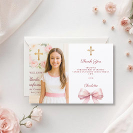 Girl photo pink bow First Holy Communion Dankeskarte