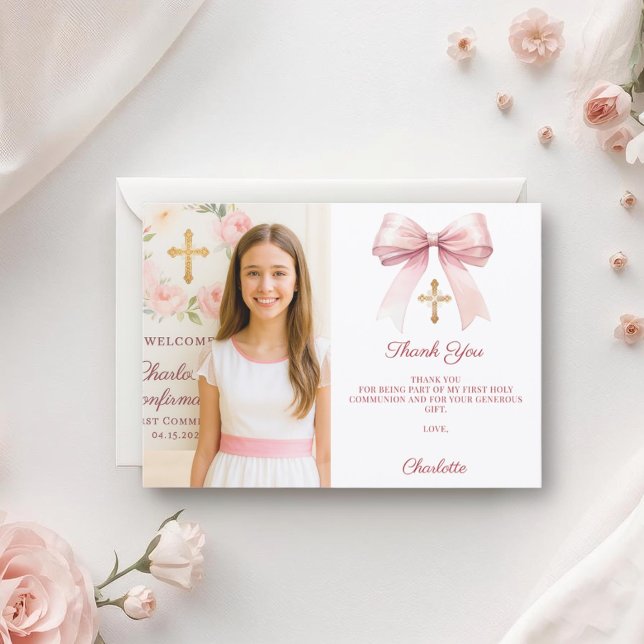 Girl photo pink bow First Holy Communion Dankeskarte (Von Creator hochgeladen)
