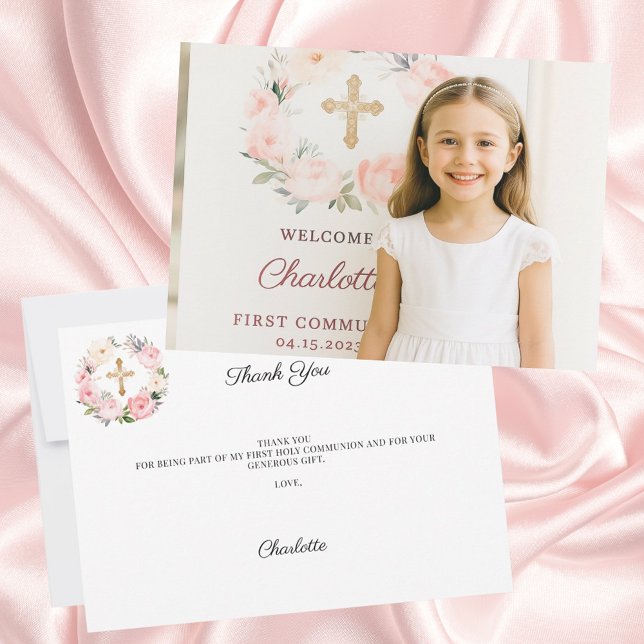 Girl photo pink florals cross First Communion  Dankeskarte (Von Creator hochgeladen)
