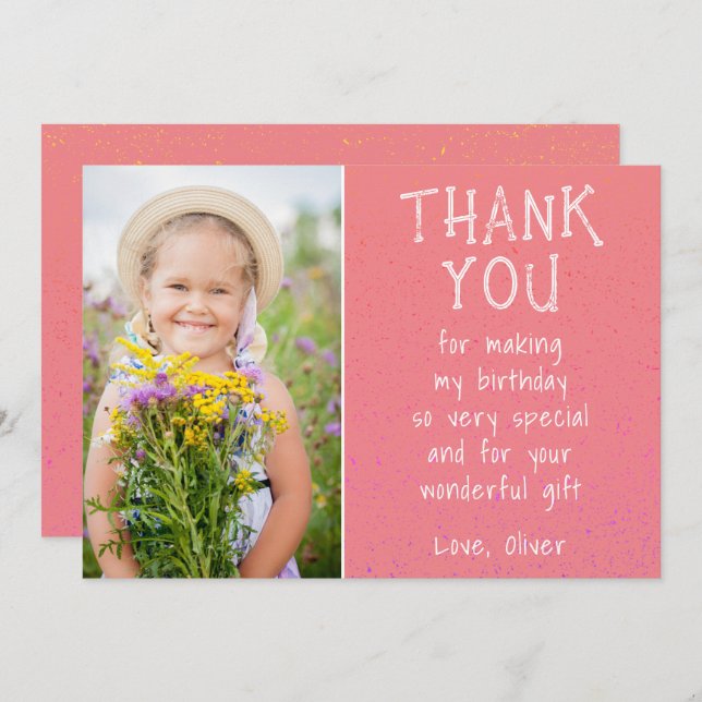 Girl Photo Pink Kid's Birthday  Dankeskarte (Vorne/Hinten)