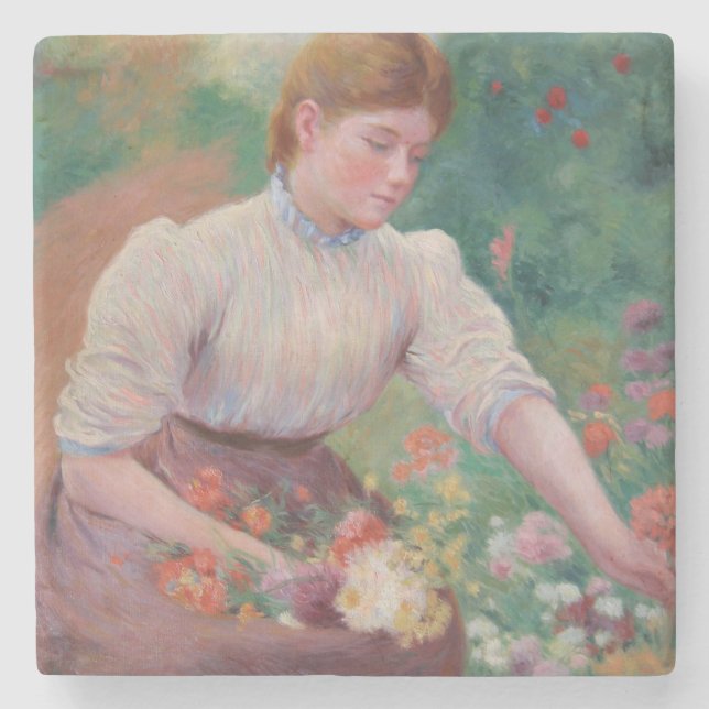 Girl Picking Blume im Sommergarten Steinuntersetzer (Vorderseite)