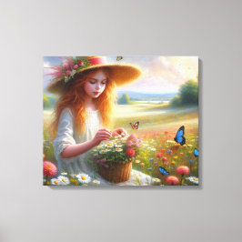 Girl Picking Blume Stretched Canvas Print Leinwanddruck