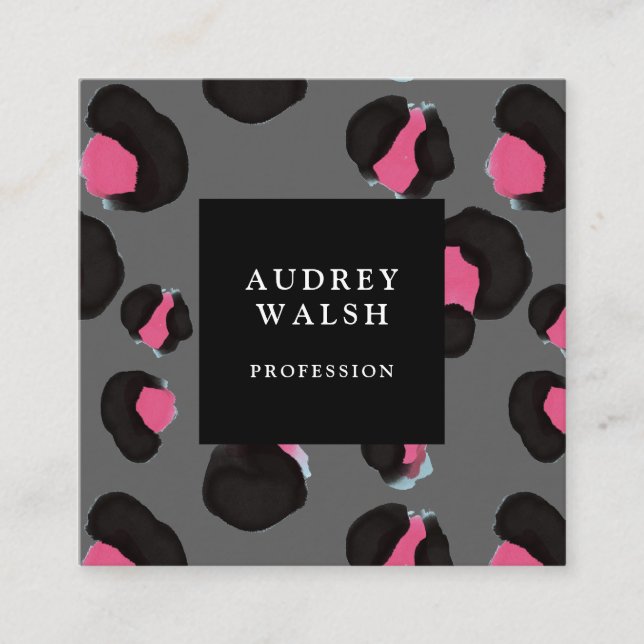 Girl Pink Back Dark Gray Leopard Druck Quadratische Visitenkarte (Vorderseite)