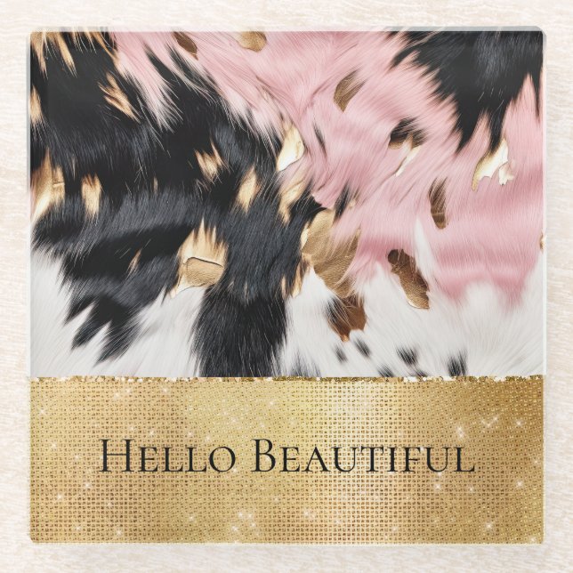 Girl Pink Black Gold Sparkle Cowgirl Cowhide Glasuntersetzer (Vorderseite)