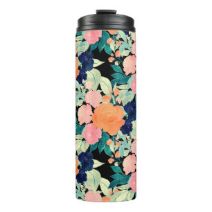 Girl Pink Blue & Orange Floral Farbe Schwarz Desig Thermosbecher