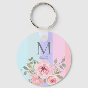 Girl Pink Blue Stripe Floral Monogram Schlüsselanhänger