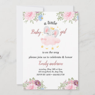 Girl Pink Blume Elephant Baby Dusche Einladung